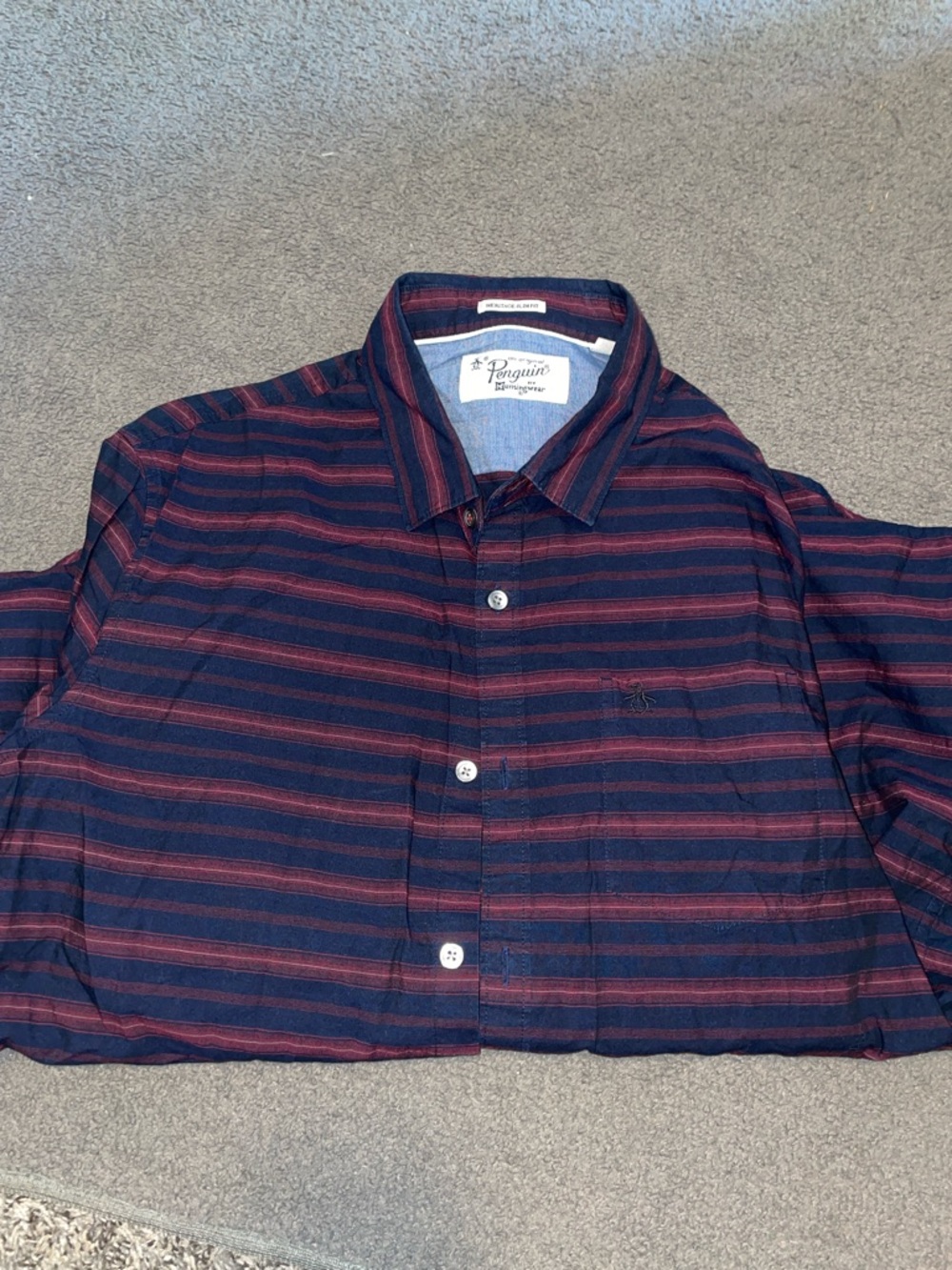 Original Penguin Navy and Burgundy Striped Button-Down Shirt